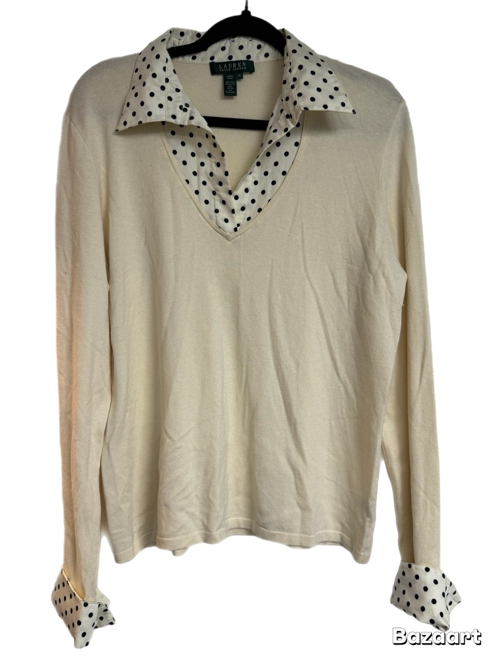 Lauren Ralph Lauren Cream V-Neck Sweater layered with Polka Dots